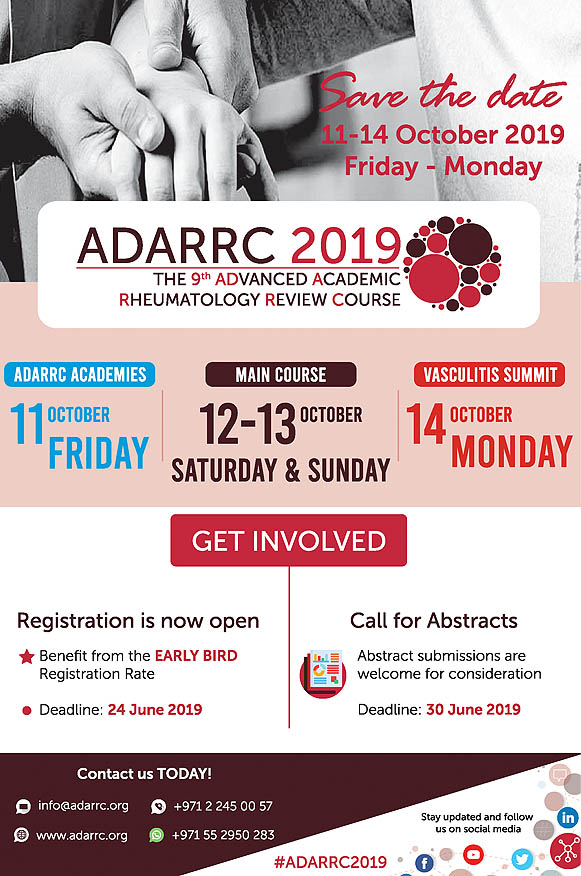 ADARRC 2019 - The 9th Advanced Academic Rheumatology Review Course from October 11-14, 2019 at Jumeirah Etihad Tower, UAE.