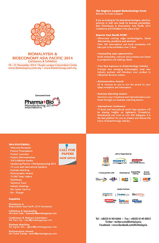 BioMalaysia 2014 Conference & Exhibition on 19-21 November 2014 at Kuala Lumpur Convention Centre, Kuala Lumpur, Malaysia.