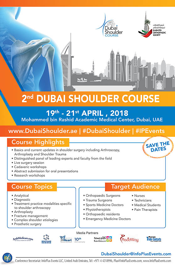 The 2nd edition of the Dubai Shoulder Course 2018 is scheduled to be held on April 19-21, 2018 at Mohammed Bin Rasheed Academic Medical Centre in Dubai, U.A.E.