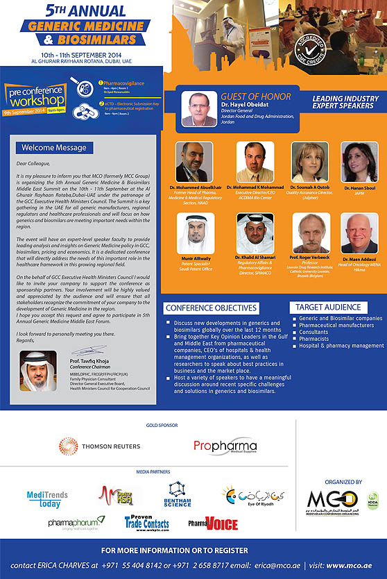 5th Annual Generic Medicine & Biosimilars Middle East Summit will be held ON 10th -11th September, 2014 at Al Ghurair Rayhaan Rotana, Dubai, U.A.E.