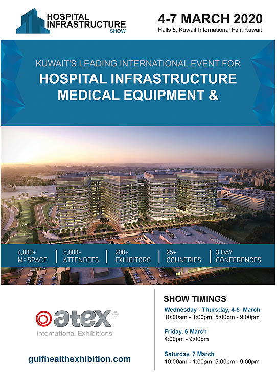 Hospital Infrastructure Show 2020 on 4-7 March, 2020 at Halls 5, Kuwait International Fair, Kuwait.