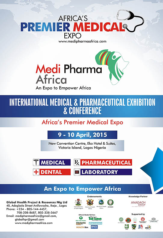 The 4th Medipharma Africa International Conference and Exhibition on Hospital, Medical and Surgical Equipment, Materials, Supplies, pharmaceuticals e.t.c will be held at the New Convection Centre, Eko Hotel & Suites, Victoria Island, Lagos, Nigeria.