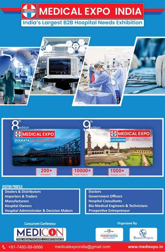 Medical Expo India 2020 - Focused on Medical Equipment, Diagnostic Equipment and Lab Devices will be held from 29-31 May, 2020 in Science City, Kolkata, West Bengal, India.