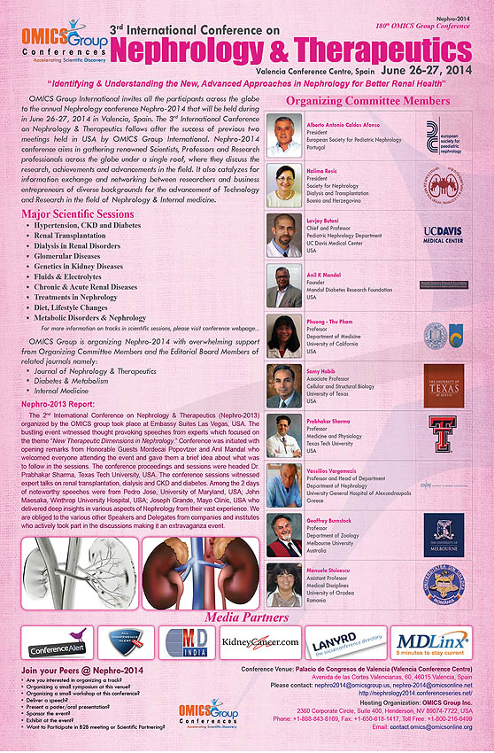 Nephro-2014 - 3rd International Conference on Nephrology & Therapeutics on June 26-27, 2014 in Valencia, Spain.