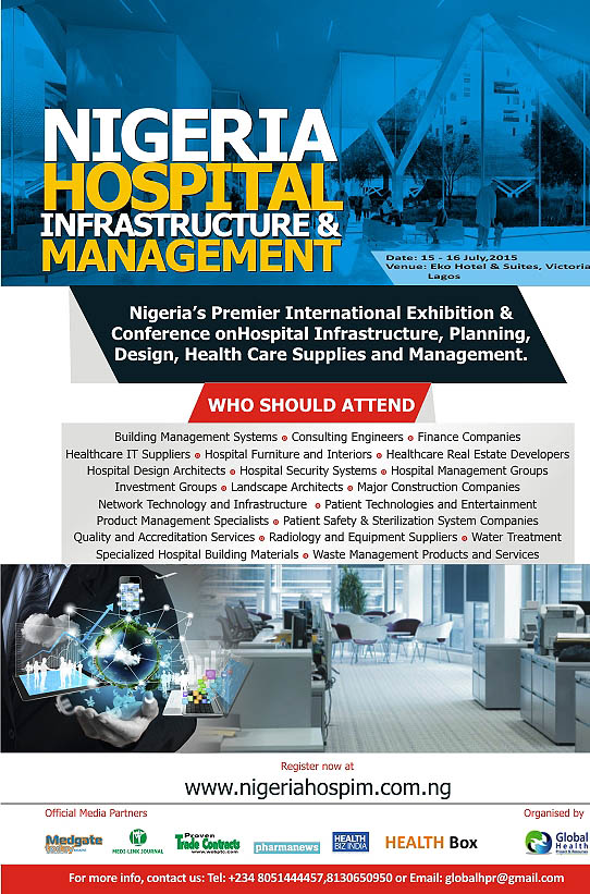 Nigeria's premier international exhibition and conference on Hospital infrastructure, planning, design, healthcare supplies and management will be held at the New Convection Centre, Eko Hotel & Suites, Victoria Island, Lagos, Nigeria.