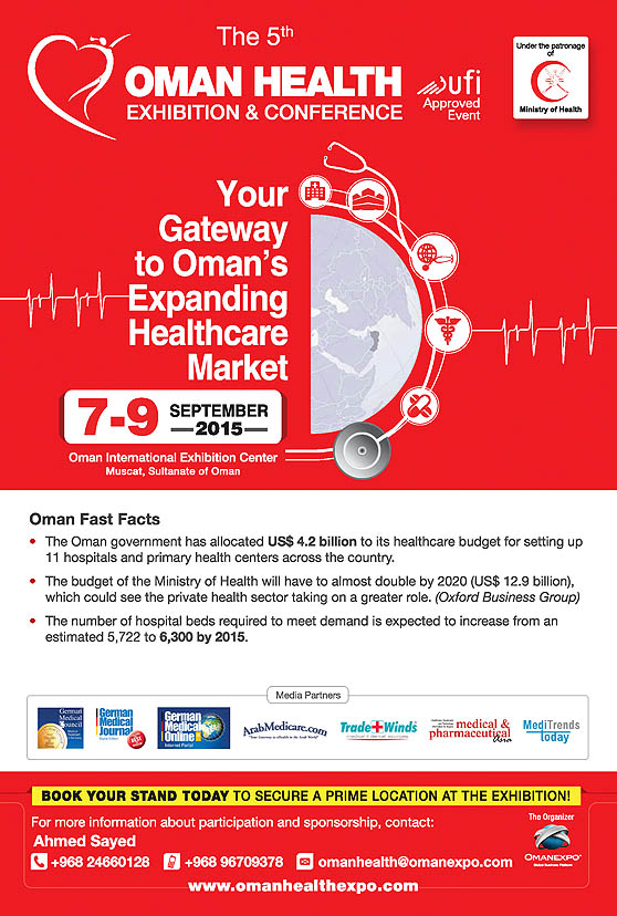 Oman Health Exhibition & Conference 2015 on September 7-9, 2015 at Oman International Exhibition Center, Muscat, Sultanate of Oman.