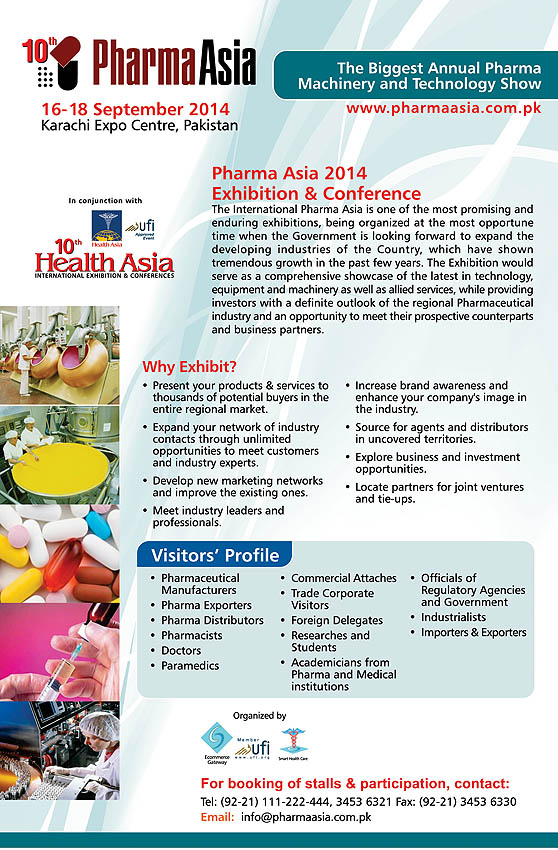 Pharma Asia 2014 - 10th Annual Pharma Machinery Technology Show in conjunction with Health Asia 2014 will be held on September 16-18, 2014 at Karachi Expo Center, Karachi, Pakistan.