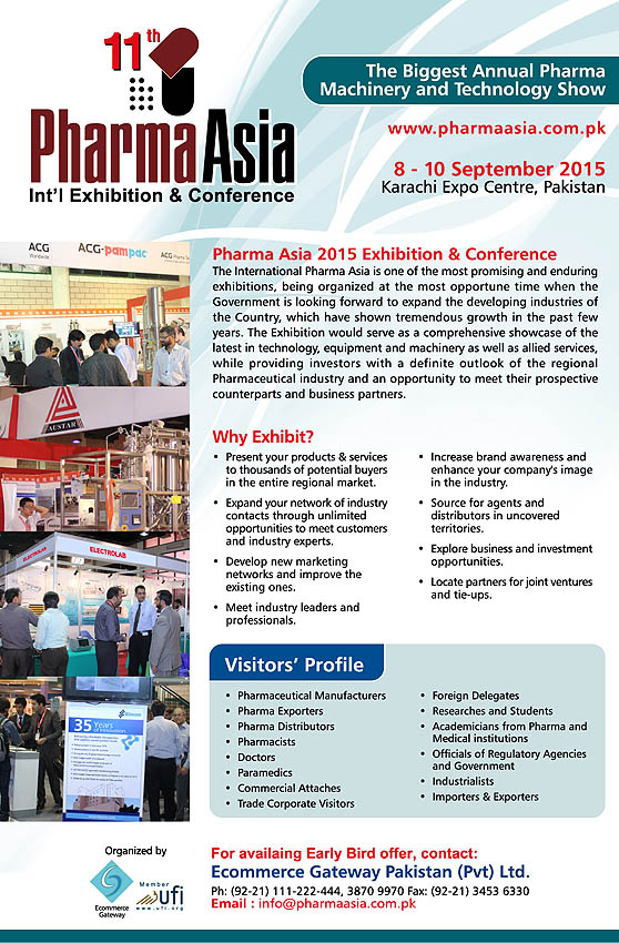 Pharma Asia 2015 - 11th Annual Pharma Machinery Technology Show in conjunction with Health Asia 2014 will be held on September 8-10, 2015 at Karachi Expo Center, Karachi, Pakistan.