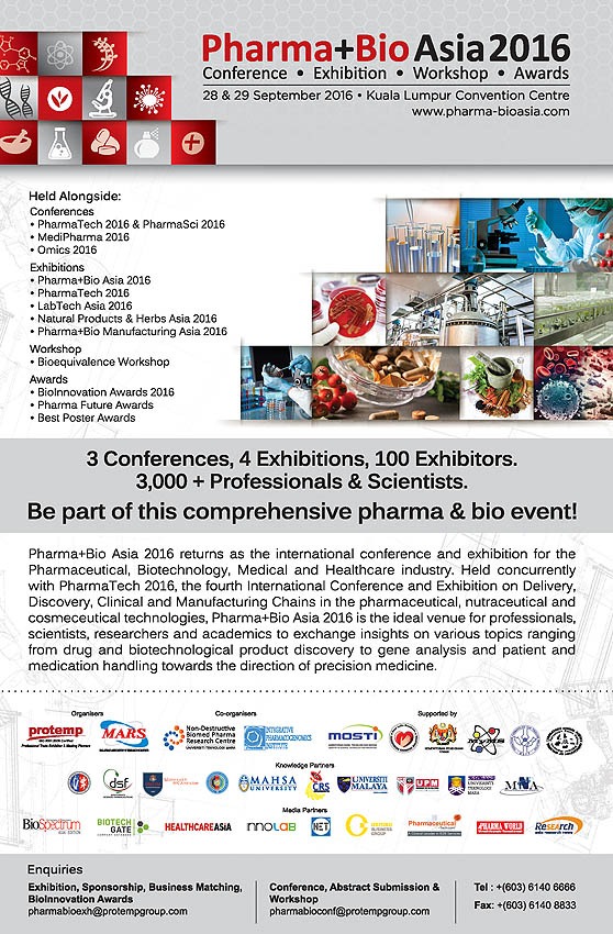 Pharma+Bio Asia 2016 on 28-29 September 2016 at Kuala Lumpur Convention Centre, Malaysia.