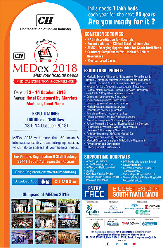 5th Edition of MEDex - Medical Exhibition & Conference will be held on 13-14 October, 2018 at Hotel Courtyard by Marriott, Madurai, Tamilnadu, India.